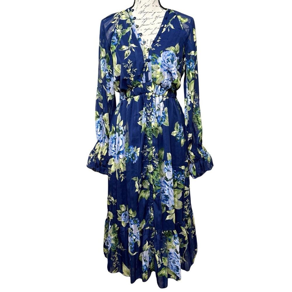 ASOS Maternity Open Back Midi Dress US 6 Blue Floral Sheer Blouson Sleeve NWOT